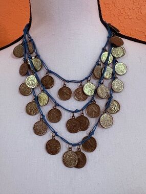Multi-Layer Coin Necklace in Blue Cord - Women Jewelry
